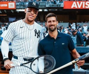 Djokovic delivers first pitch at Yankee Stadium, poses with Aaron Judge