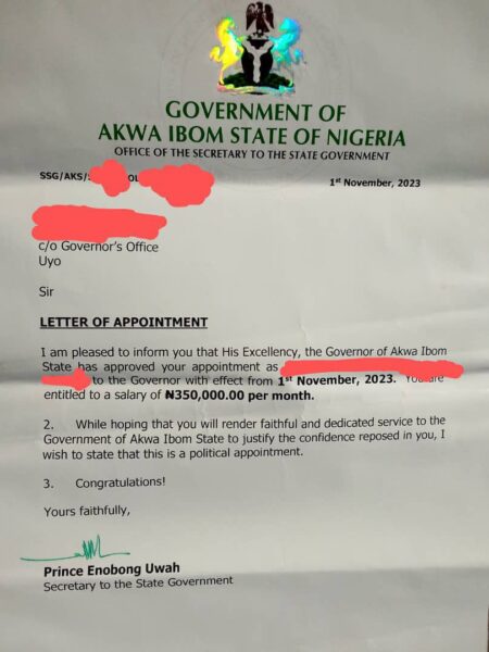 EXCLUSIVE: Akwa Ibom Governor Eno Accused Of Deducting ‘15% Compulsory Tithe’ From Political Appointees Who Earn Around N450,000 Monthly