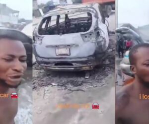 Man bursts into tears as his car burns to ashes before his eyes