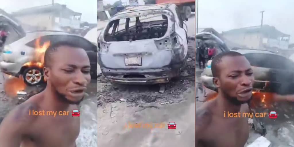 Man bursts into tears as his car burns to ashes before his eyes