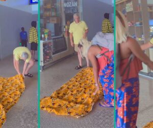 Video: Lady Lays Wrapper for Her White Husband to Walk on at Airport as He Lands in Nigeria