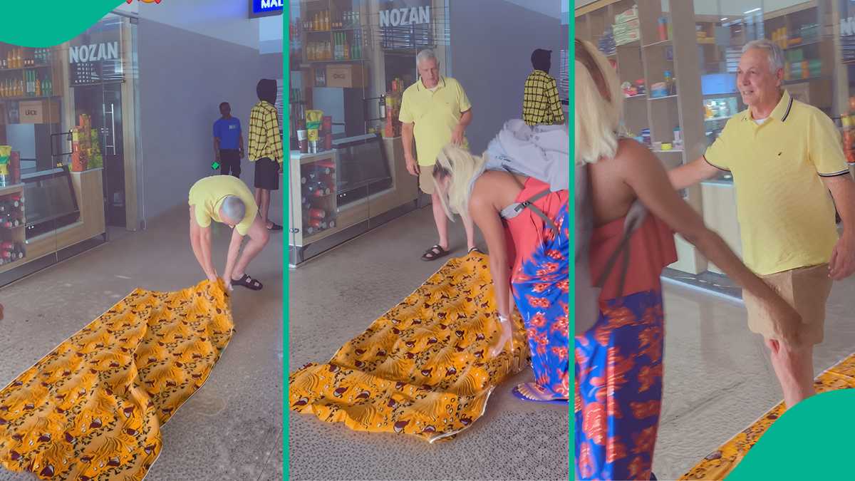 Video: Lady Lays Wrapper for Her White Husband to Walk on at Airport as He Lands in Nigeria