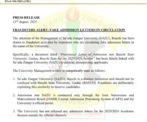 Sa’adu Zungur University raises alarm over fake admission letters