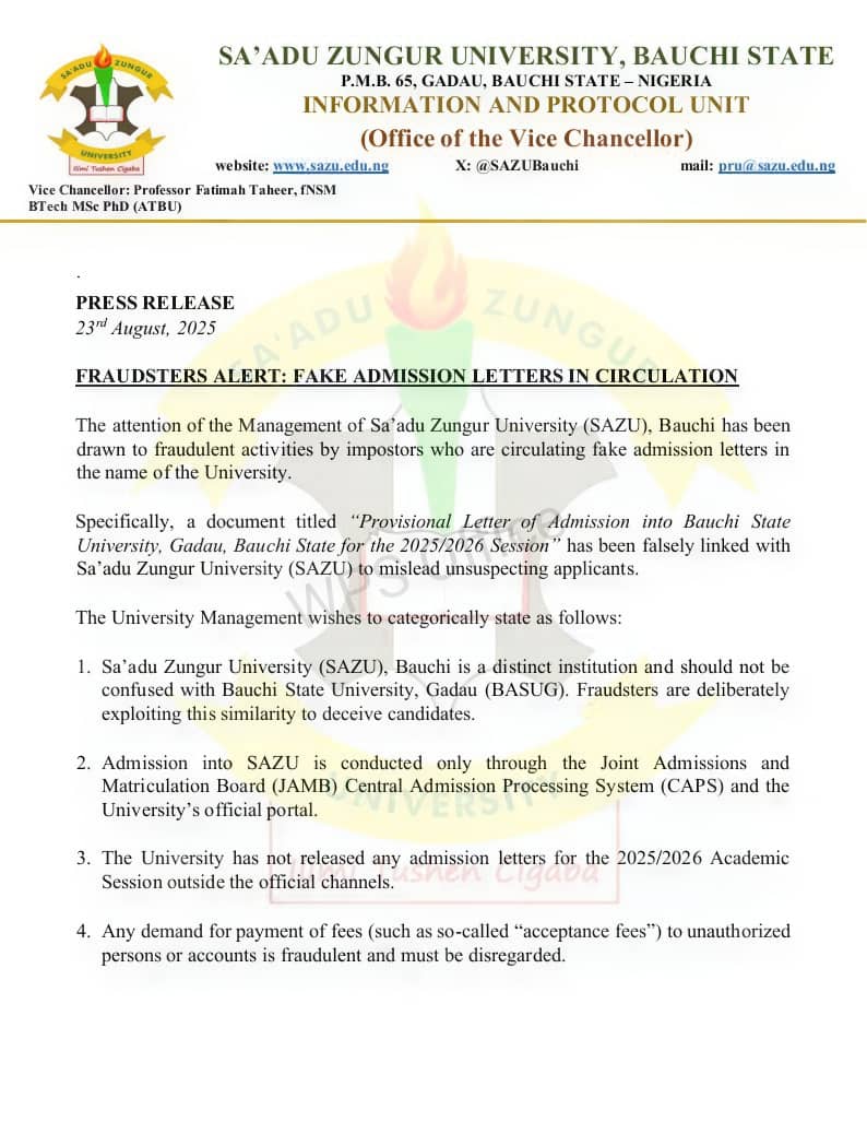 Sa’adu Zungur University raises alarm over fake admission letters