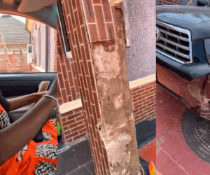 Lady shares how she mistakenly cr@shed her father’s car into a pillar during her first attempt at driving (WATCH)