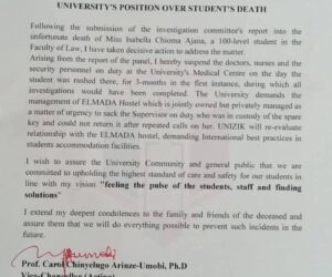 Unizik reacts following the d3ath of diabetic law student at University Medical Centre