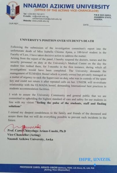Unizik reacts following the d3ath of diabetic law student at University Medical Centre