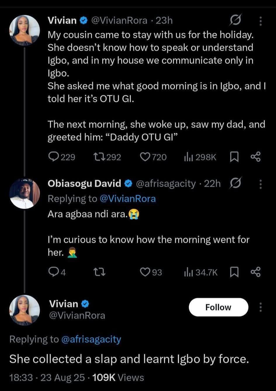 Woman reveals how she punished her cousin for not knowing how to speak Igbo
