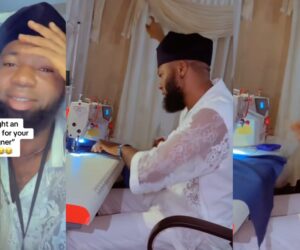 Adorable moment lady surprises her tailor boyfriend with industrial machine