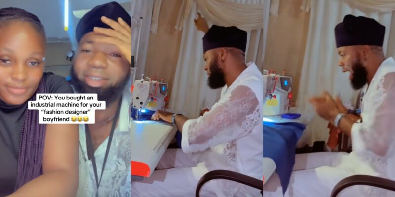 Adorable moment lady surprises her tailor boyfriend with industrial machine