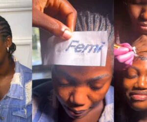 Lady gets permanent tattoo of boyfriend’s name “Femi” on forehead