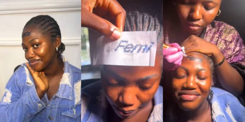 Lady gets permanent tattoo of boyfriend’s name “Femi” on forehead