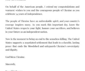 Trump sends letter of support on Ukraine’s Independence Day as Zelensky declares Kyiv ‘will not lose’ the war