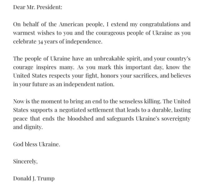 Trump sends letter of support on Ukraine’s Independence Day as Zelensky declares Kyiv ‘will not lose’ the war