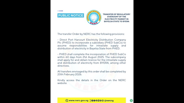 NERC Transfers Electricity Regulatory Oversight To Bayelsa State