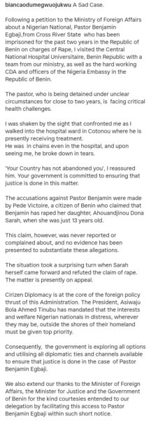 Bianca Ojukwu shares sad tale of Nigerian pastor imprisoned in Benin Republic on r@pe charges