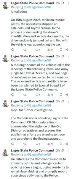 Driver flees and abandons car with bags of cannabis during stop-and-search in Lagos
