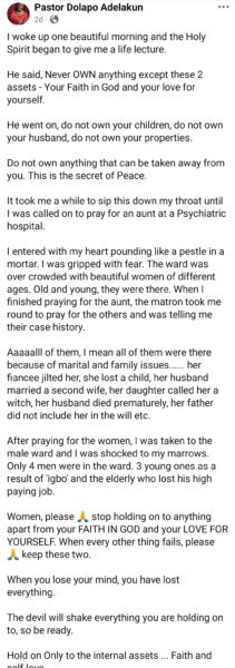 Pastor warns women against trying to ‘own’ their husbands as she narrates her visit to a psychiatric hospital