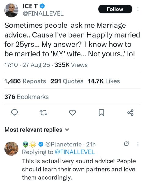 Ice T responds to those asking him for marital advice because he’s been married for 25 years