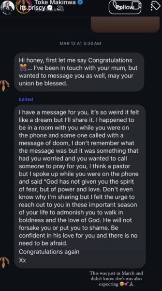 Influencer, Priscilla Ojo congratulate Toke Makinwa on welcoming her daughter; shares throwback chat that turned out ‘prophetic’