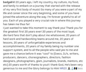Rihanna pens heartfelt note as she celebrates 20 years in music