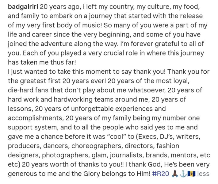 Rihanna pens heartfelt note as she celebrates 20 years in music