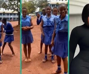 Corps Member Who Looks Like Destiny Etiko Causes Commotion in School as Students Rush Her in Video