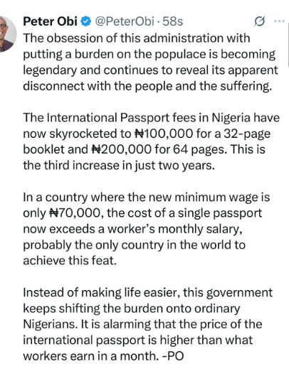 “Instead of making life easier, this government keeps shifting the burden onto ordinary Nigerians”- Peter Obi knocks FG over increase in passport issuance