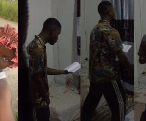 “e remain two semesters make e m@d” – Lady shares how her brother, a theatre student, practices his plays at home (VIDEO)
