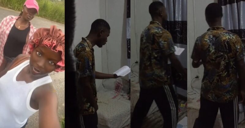 “e remain two semesters make e m@d” – Lady shares how her brother, a theatre student, practices his plays at home (VIDEO)