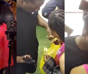Lady shares moment her boyfriend came to give her food at her shop and her boss who saw them on CCTV sent her the clip.
