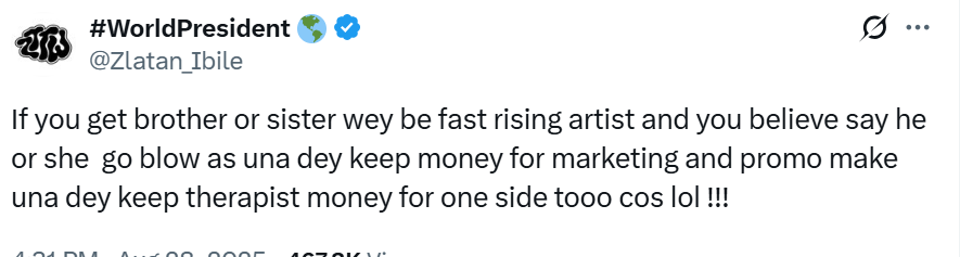 “Keep therapist money aside when you blow” – Rapper, Zlatan Ibile advises upcoming artistes
