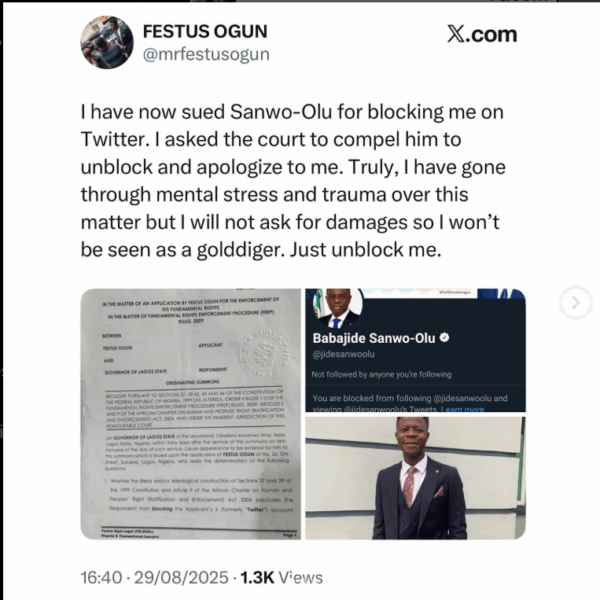 Nigerian lawyer sues Sanwo-Olu for blocking him on X.