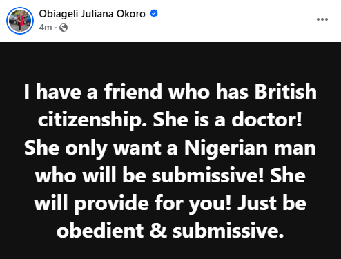 Doctor with British citizenship seeks “obedient and submissive” Nigerian man for relationship