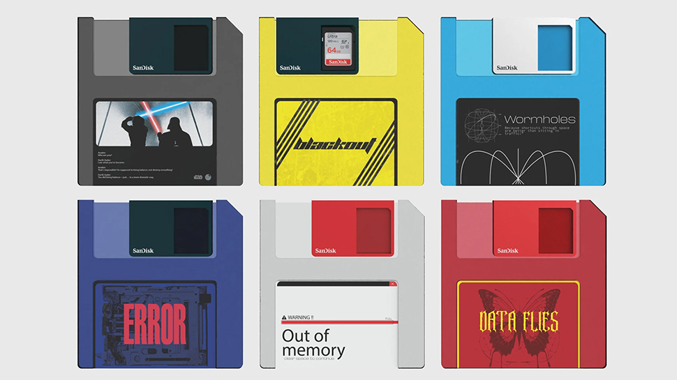 The floppy disk returns as a design concept for SD cards, bridging eras of storage from megabytes to terabytes