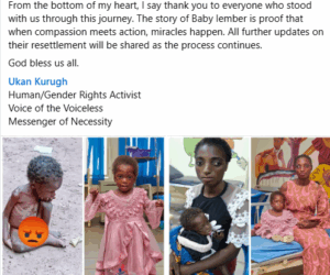 Severely malnourished child found abandoned under scorching sun in Benue makes remarkable recovery