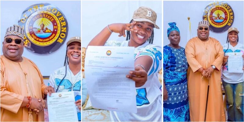 Gov. Adeleke hands appointment letter to viral puff-puff seller