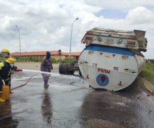 Petroleum tanker somersaults in Ogbomoso, spills content