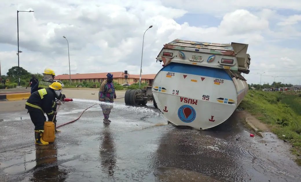 Petroleum tanker somersaults in Ogbomoso, spills content
