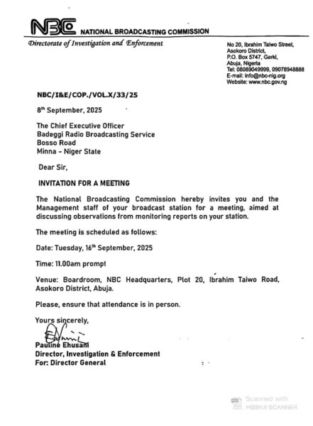 BREAKING: Nigerian Broadcasting Commission Summons Private Radio ‘Badeggi FM’ To Abuja Amid Face-Off With Niger Government