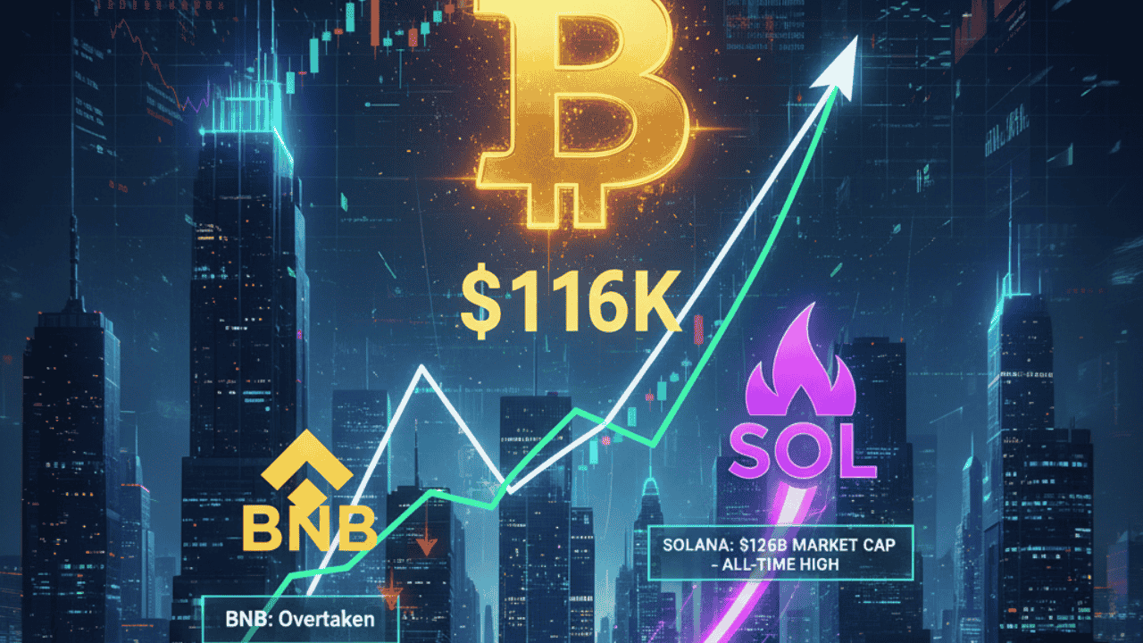 Solana hits record $126B market cap as Bitcoin reclaims $116K in major crypto rally