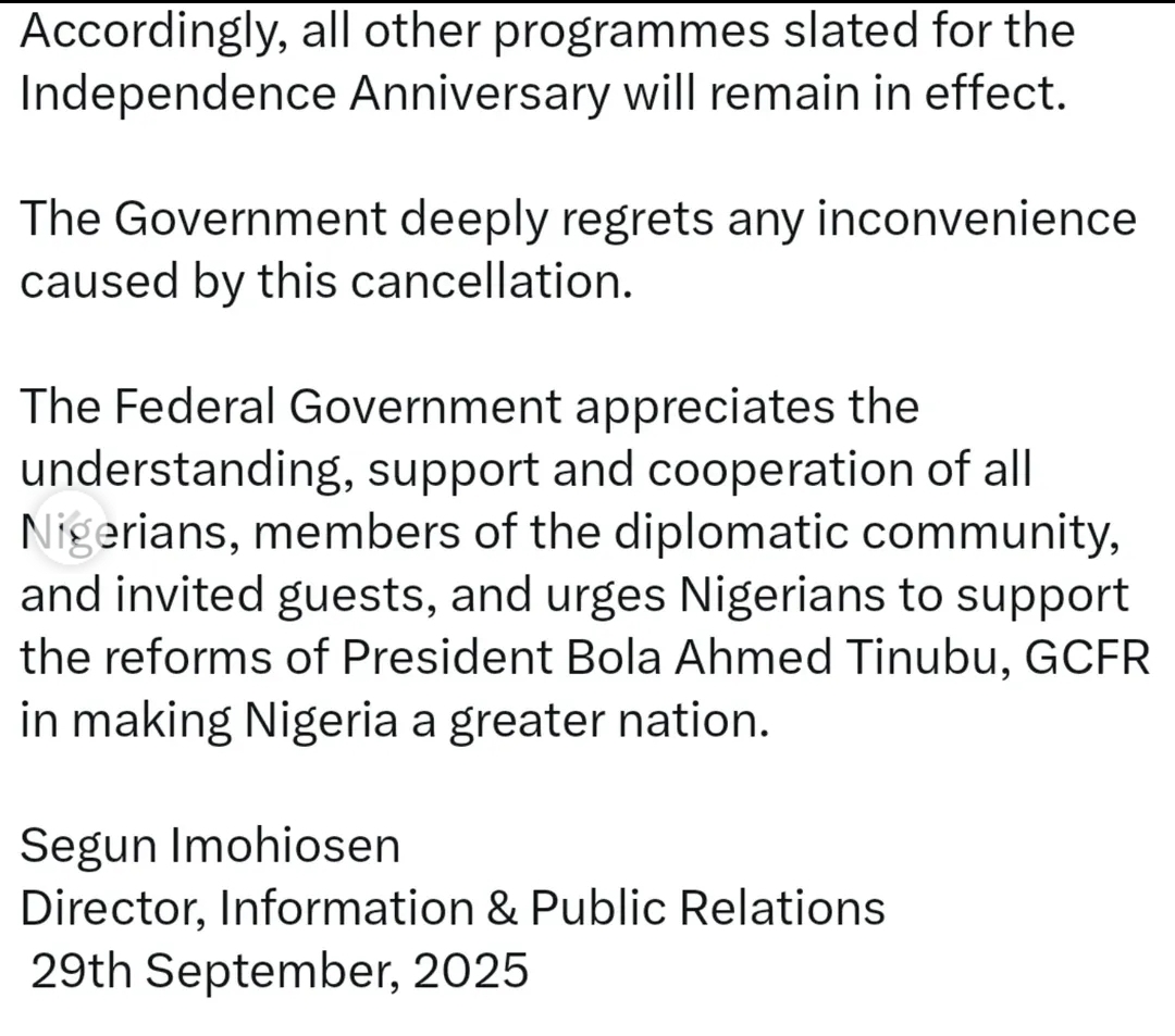 Federal Government cancels 65th Independence Day parade