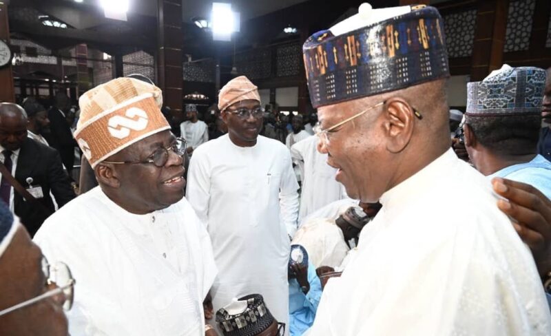Watch Moment Sule Lamido Exchanged Warm Greetings with Tinubu at Kaduna Mosque