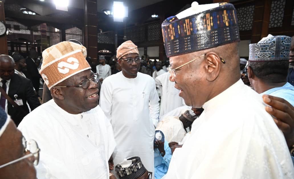 Watch Moment Sule Lamido Exchanged Warm Greetings with Tinubu at Kaduna Mosque