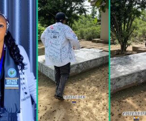 Lady Visits Father’s Graveside to Honour Him on Her Sign-out Day, Writes Emotional Message