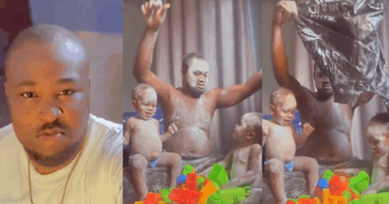 dad shares hilarious playtime with his twin babies while his wife was away.