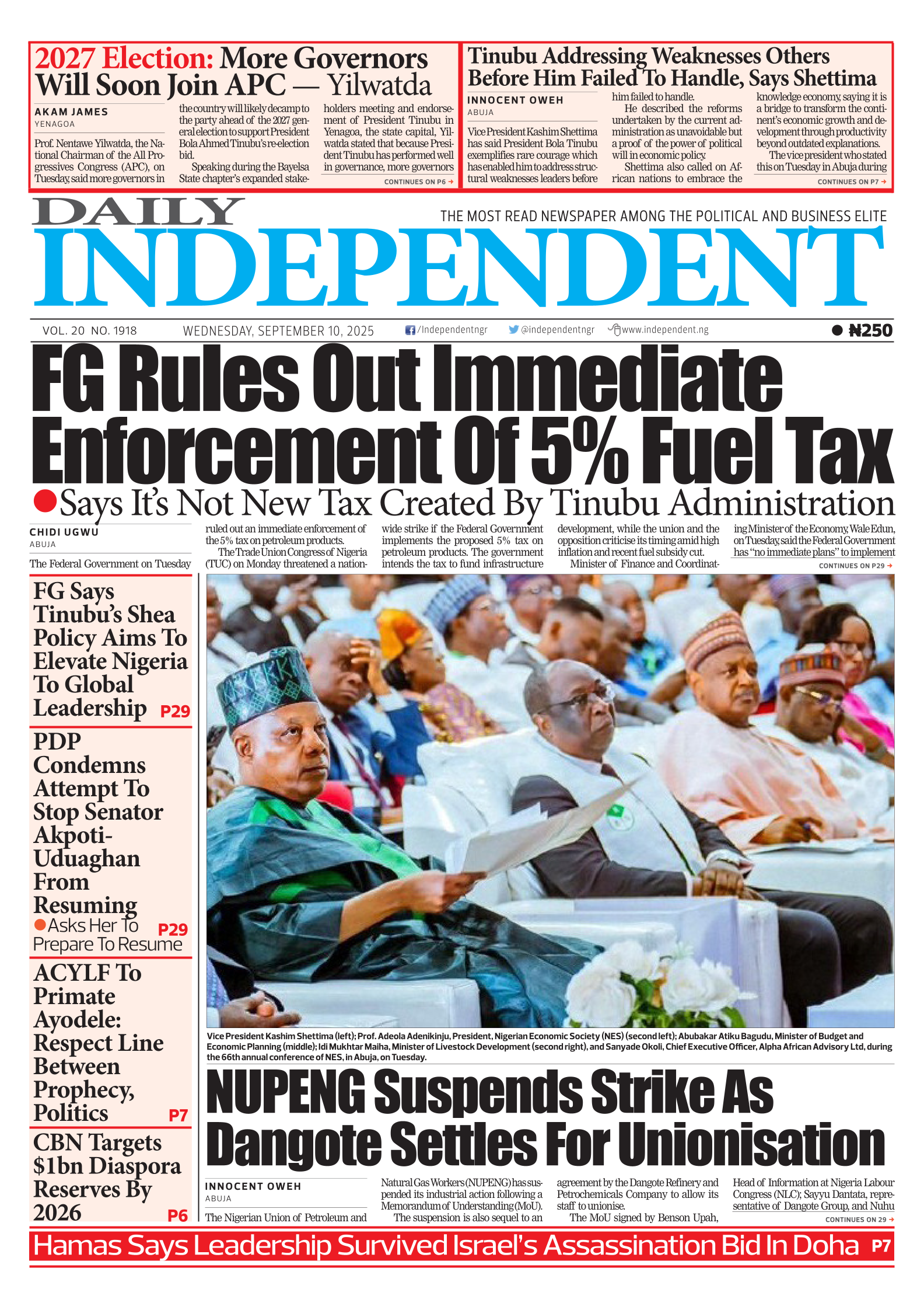 Top Stories For Today (10/09/25) – Independent Newspaper Nigeria