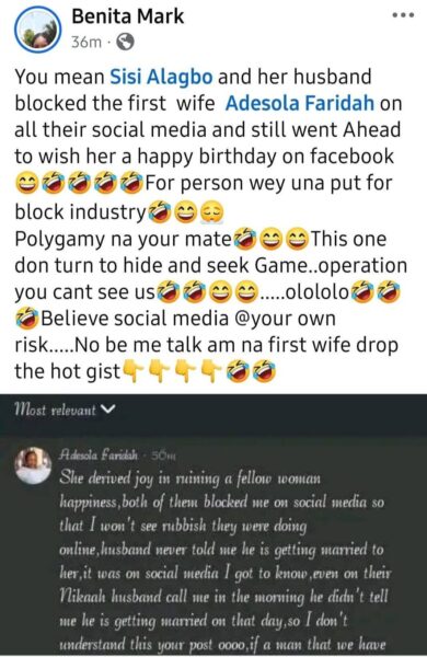 First wife laments after finding out on Facebook that her husband has married a popular Facebook vendor