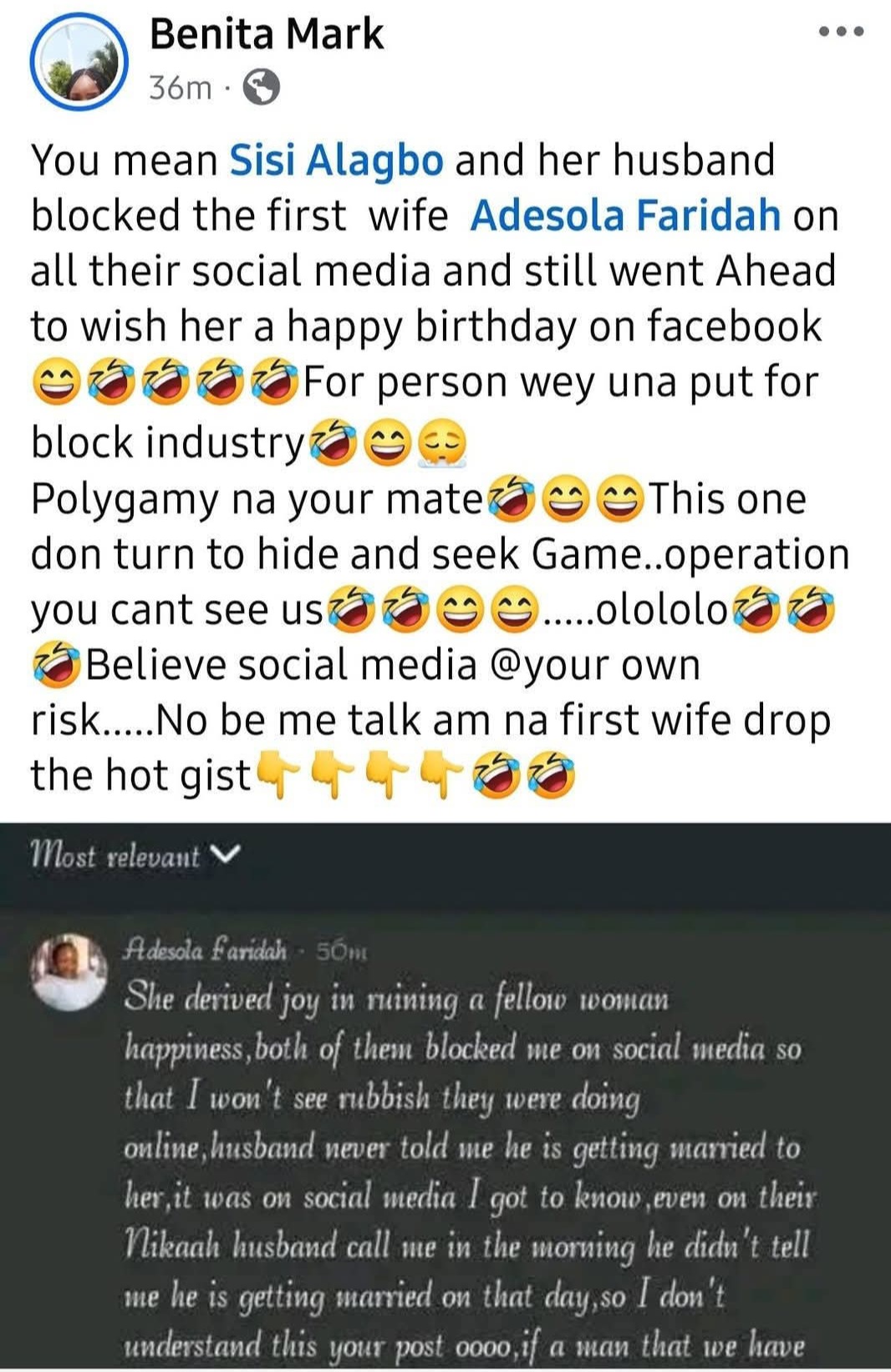 First wife laments after finding out on Facebook that her husband has married a popular Facebook vendor
