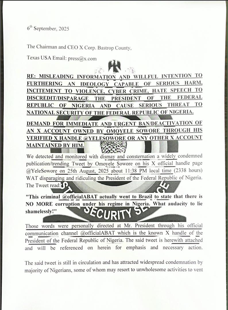 DSS Petitions Elon Musk’s X Platform, Demands Deactivation Of Sowore’s Account Over Post Criticising President Tinubu
